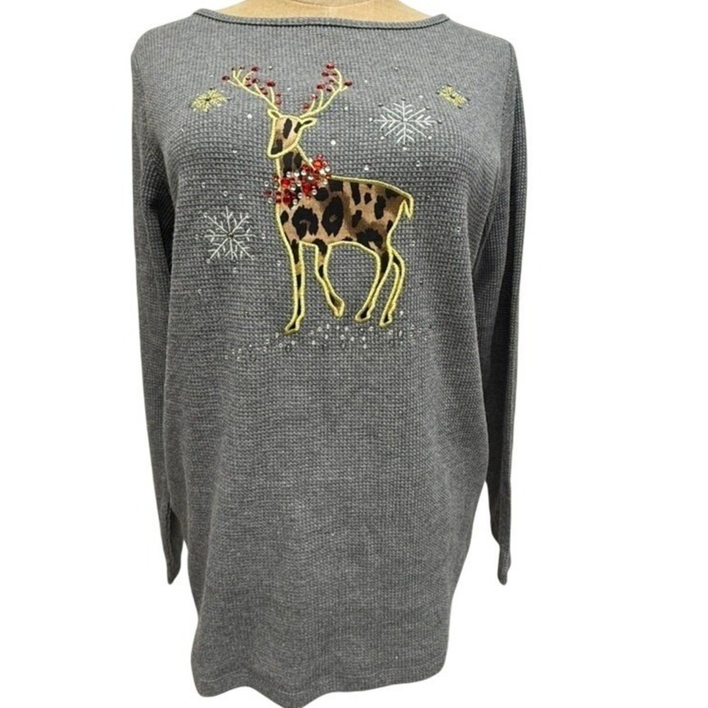 NEW "Quacker Factory"‎ Gray Waffle Knit Reindeer Christmas Tunic Top XS Magical